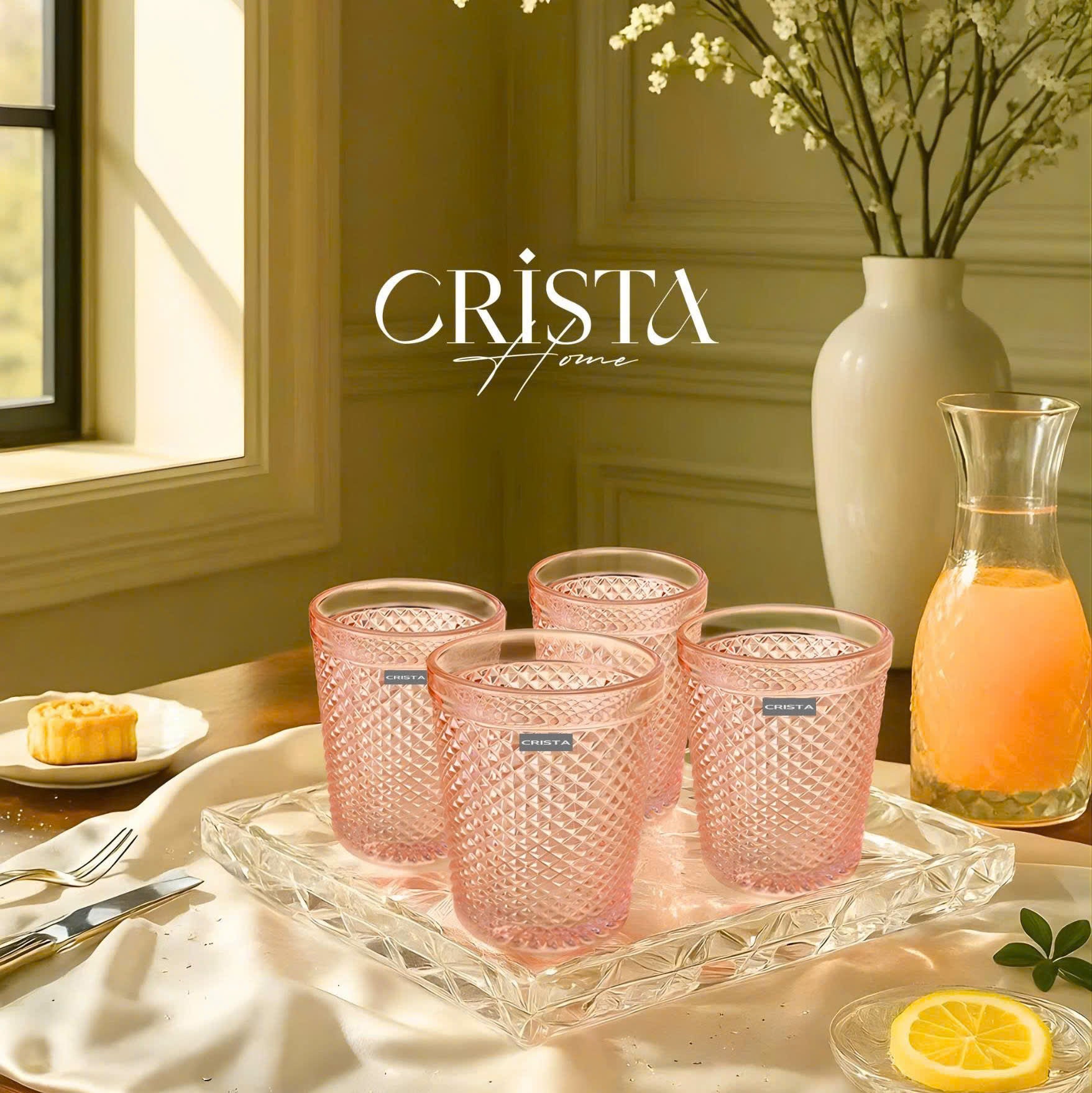 Diamond-Pattern Glass Tumbler Set (4 Pieces) – 300ml – Pink