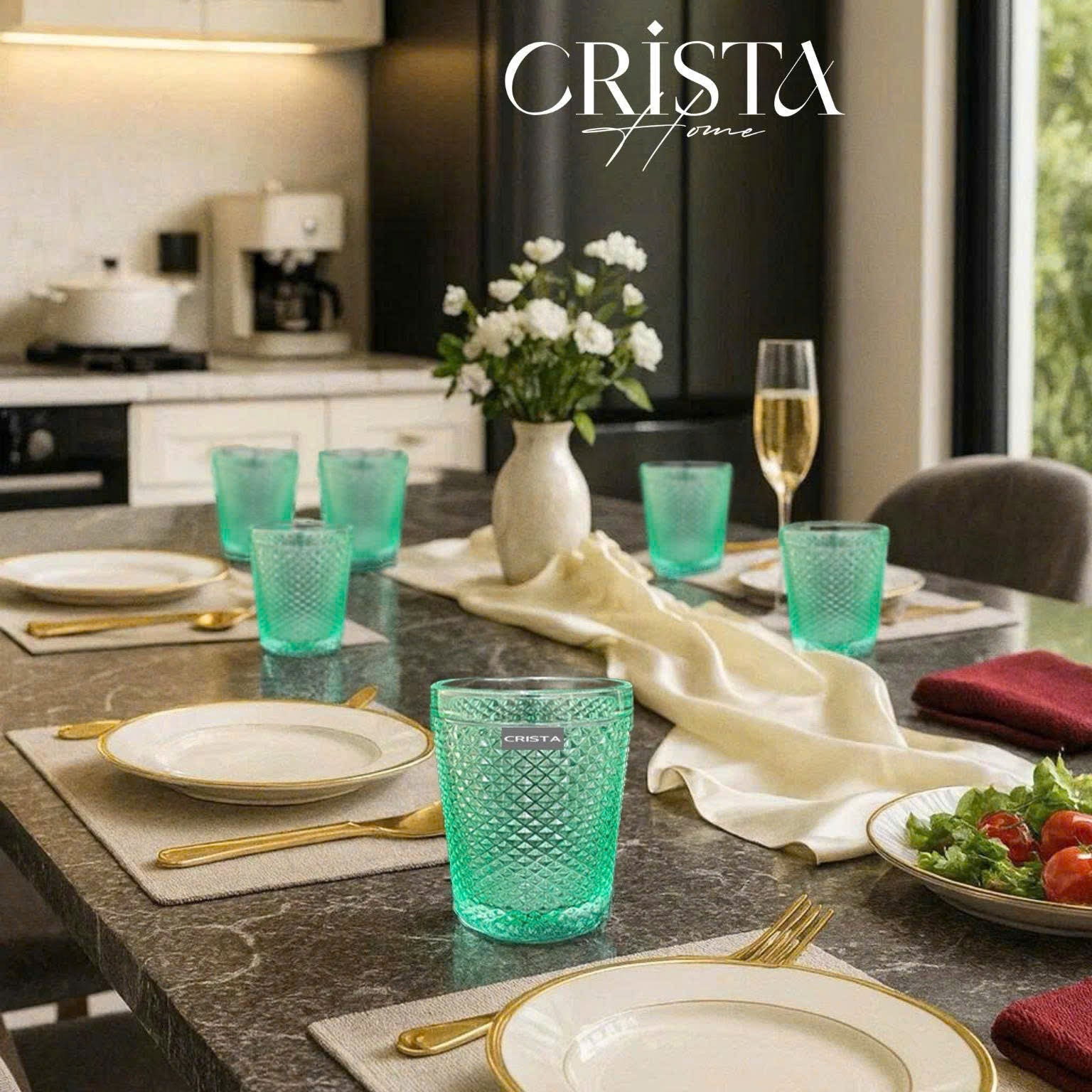 Diamond-Pattern Glass Tumbler Set (4 Pieces) – 300ml – GREEN