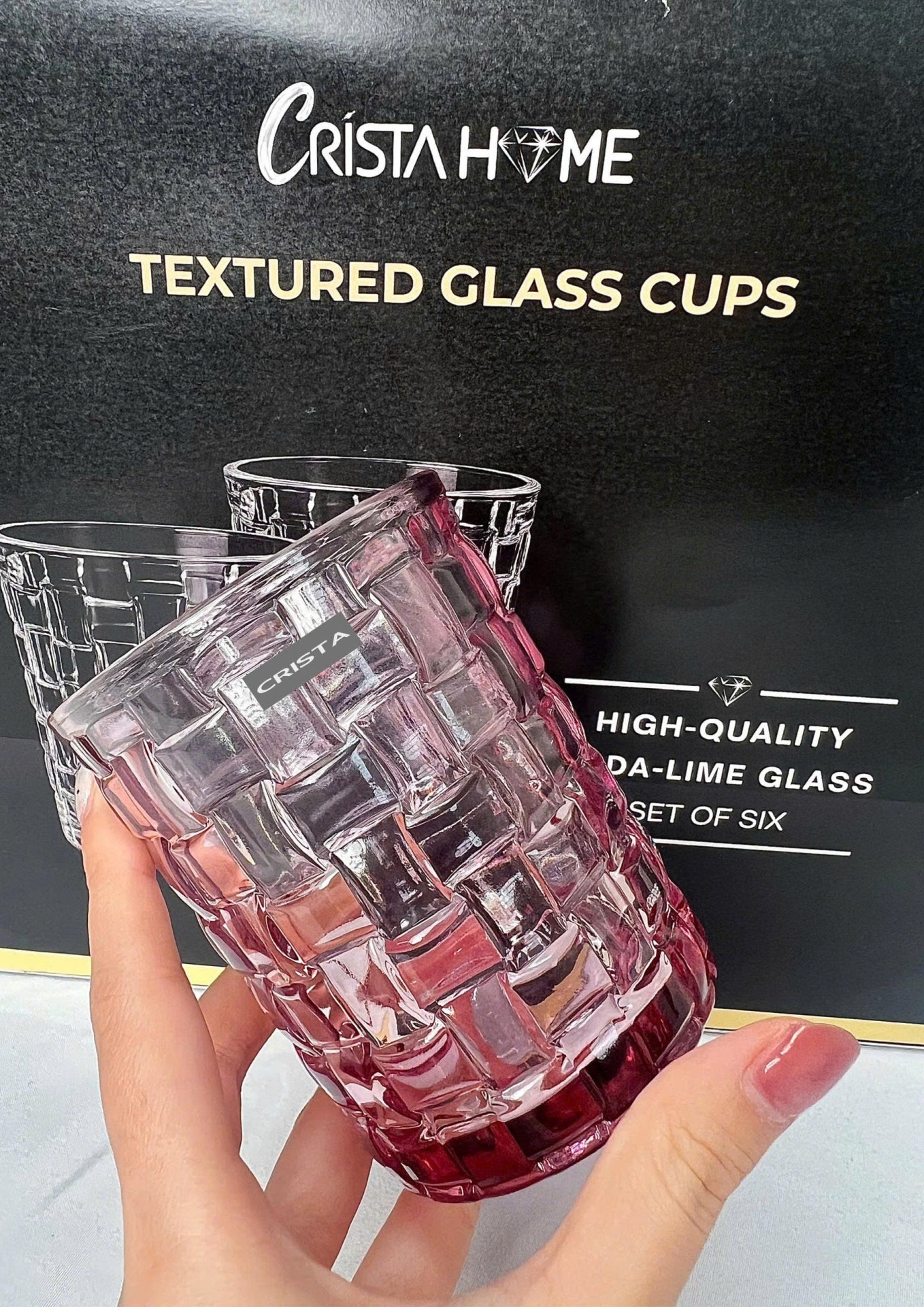 SET OF 6 CHECKERED GLASS TUMBLERS – PINK