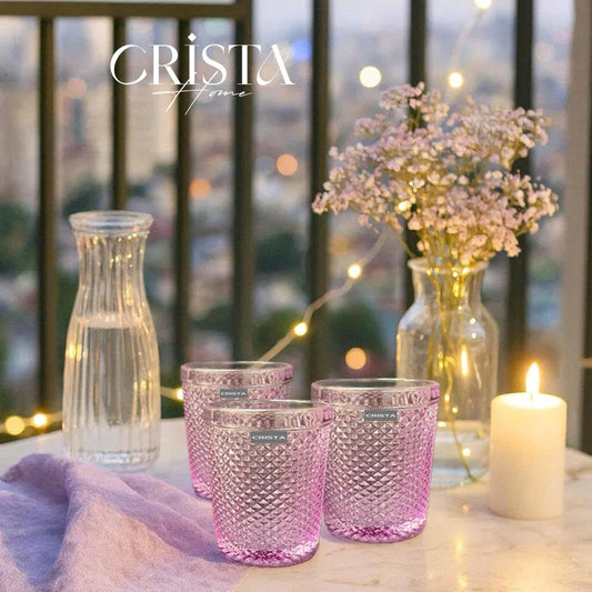Diamond-Pattern Glass Tumbler Set (4 Pieces) – 300ml – Purple