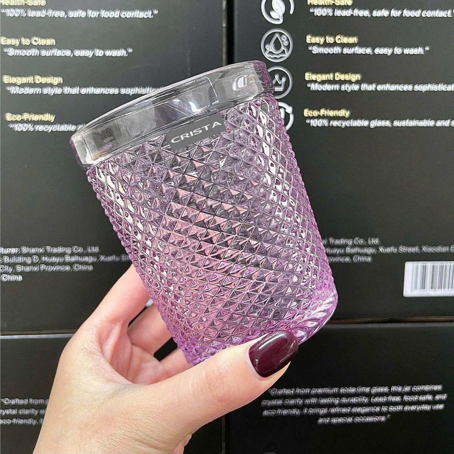 Diamond-Pattern Glass Tumbler Set (4 Pieces) – 300ml – Purple