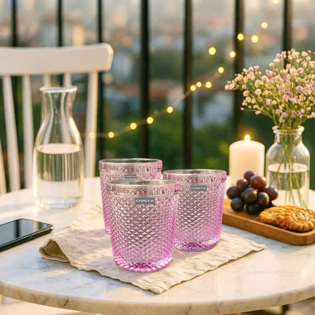 Diamond-Pattern Glass Tumbler Set (4 Pieces) – 300ml – Purple