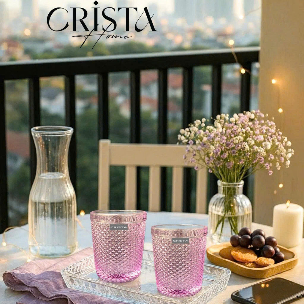 Diamond-Pattern Glass Tumbler Set (4 Pieces) – 300ml – Purple