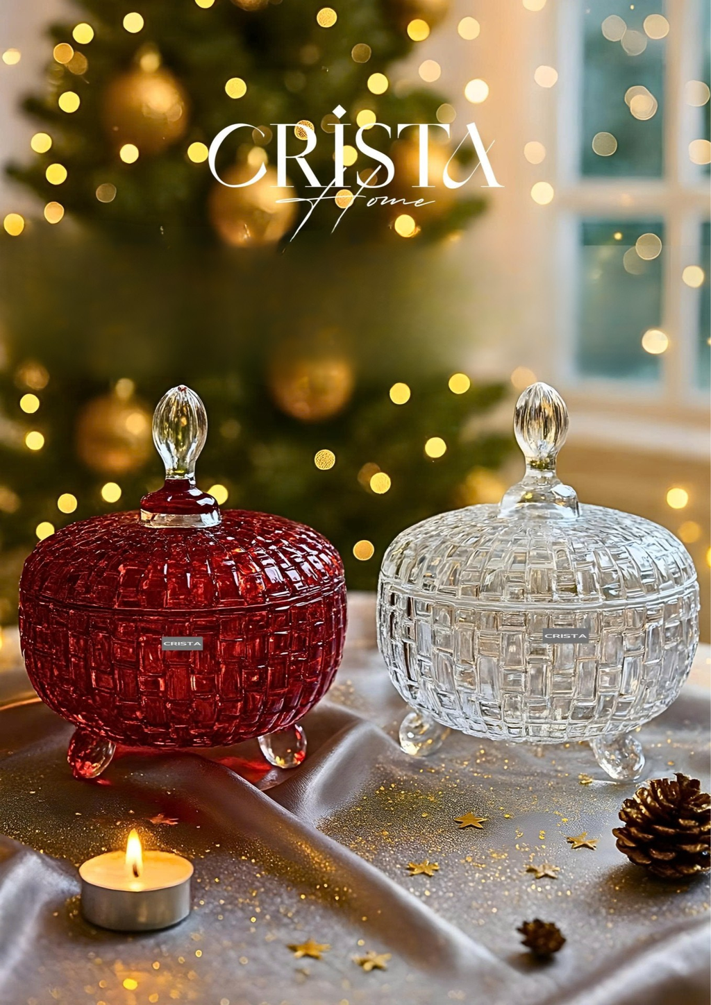 Set of 2 Checkered Glass Jam Jars – Clear & Red