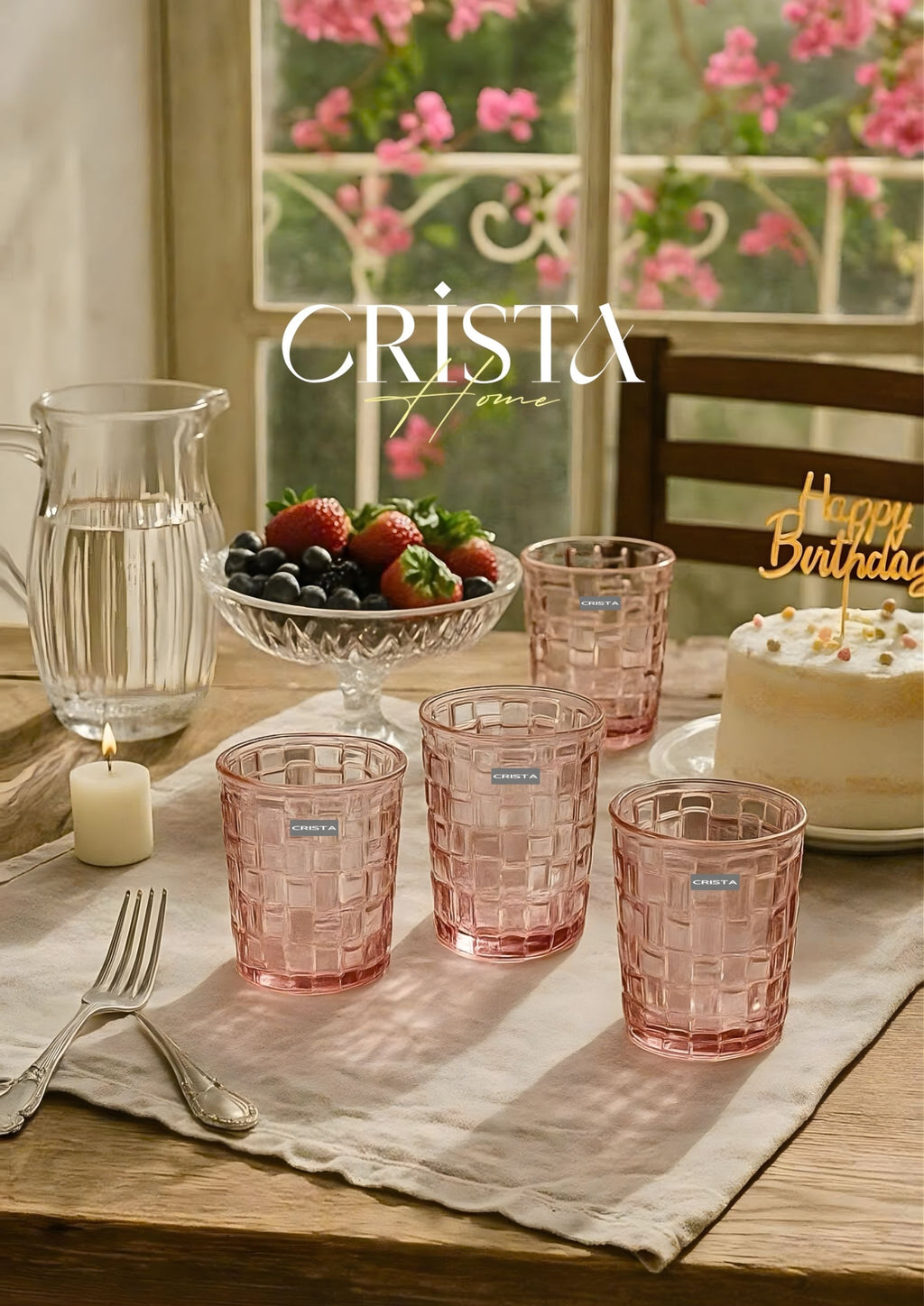 SET OF 6 CHECKERED GLASS TUMBLERS – PINK