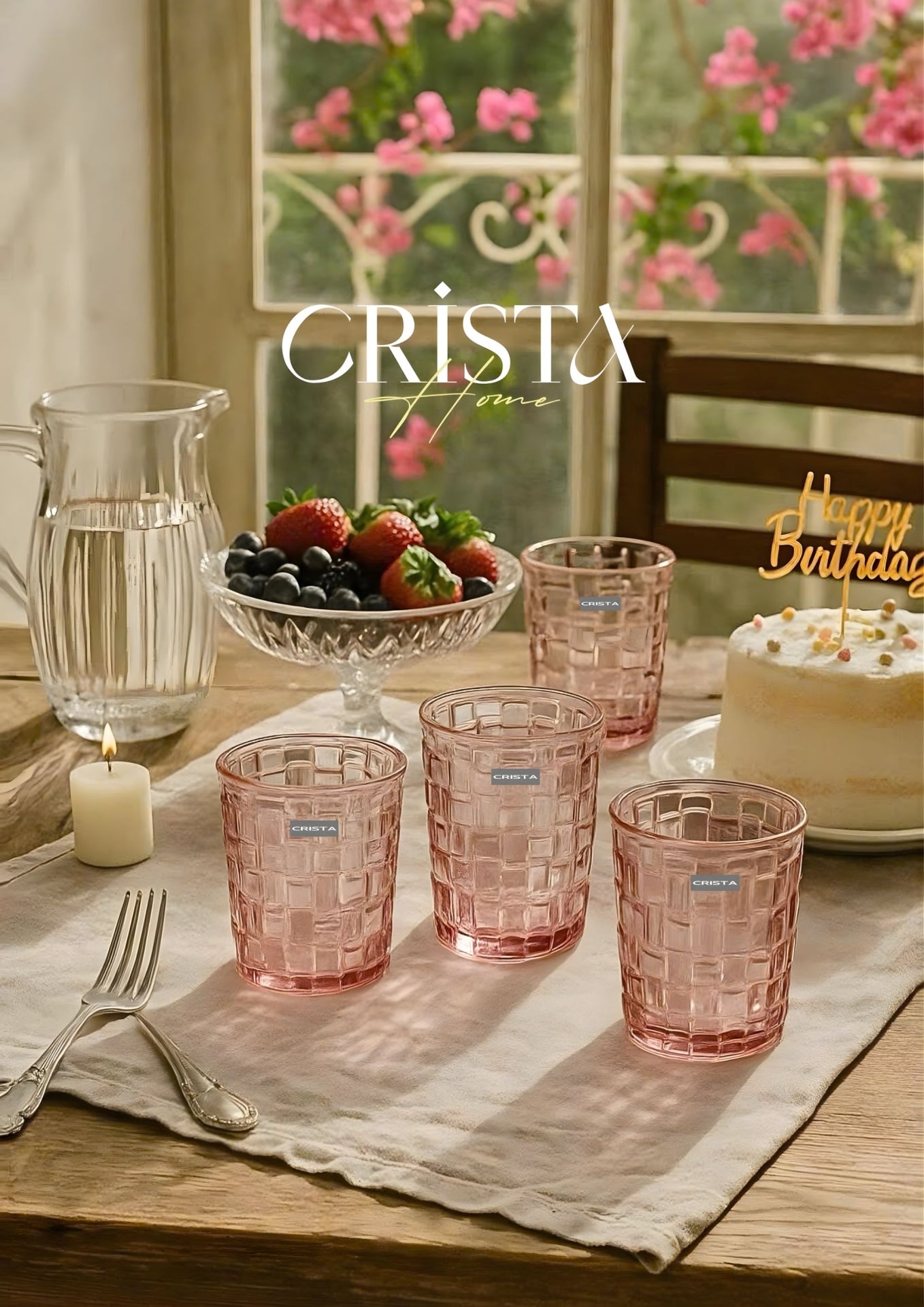 SET OF 6 CHECKERED GLASS TUMBLERS – PINK