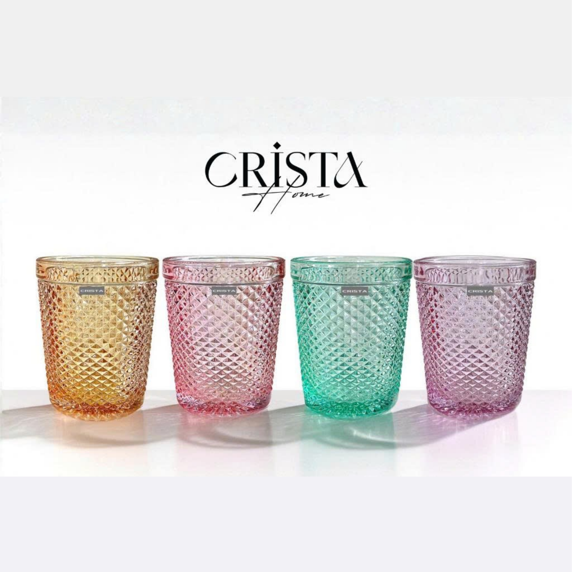 Diamond-Pattern Glass Tumbler Set (4 Pieces) – 300ml – MIXED 4 COLORS