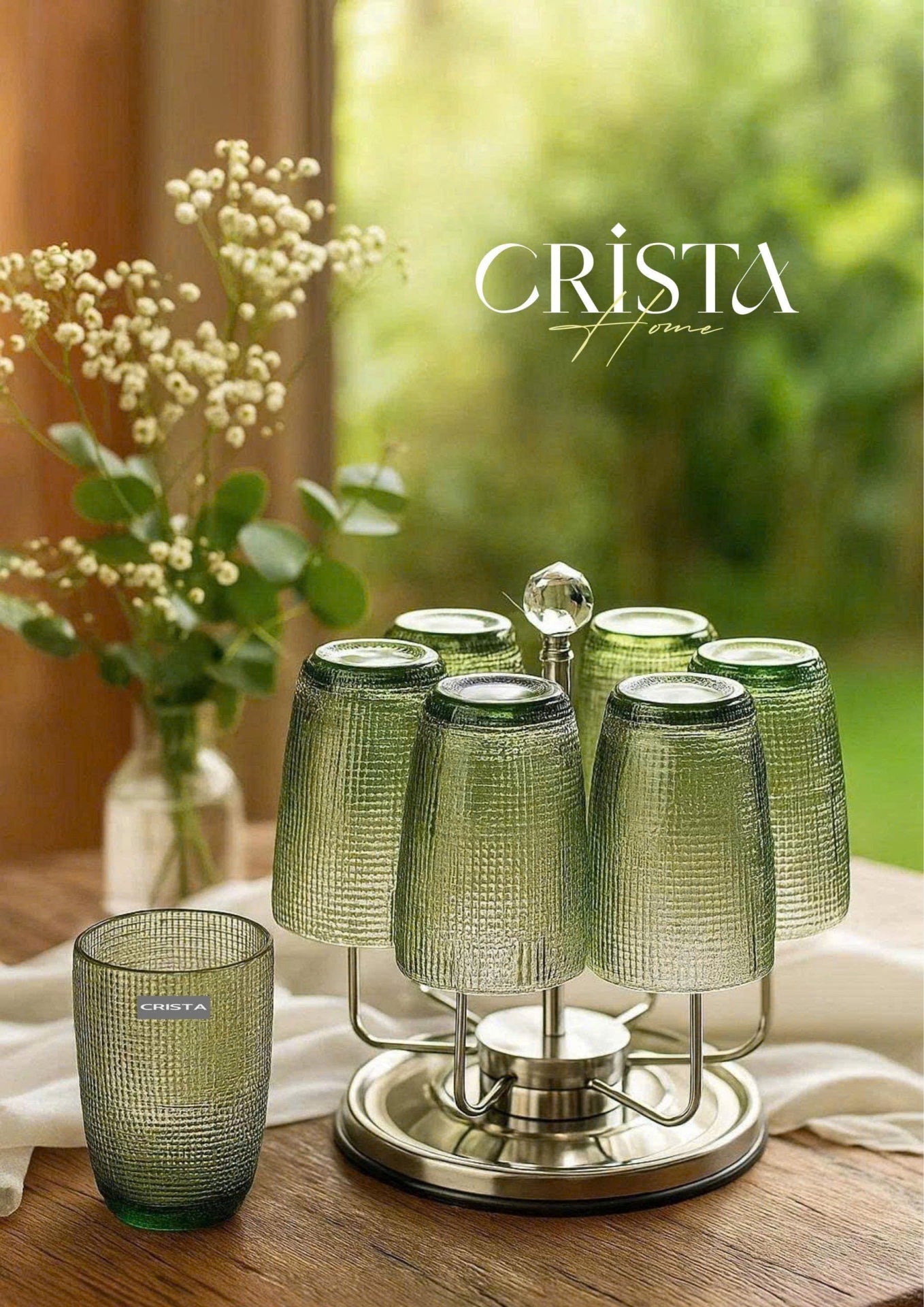 EMBOSSED MESH GLASS TUMBLER SET(420ML) – GREEN