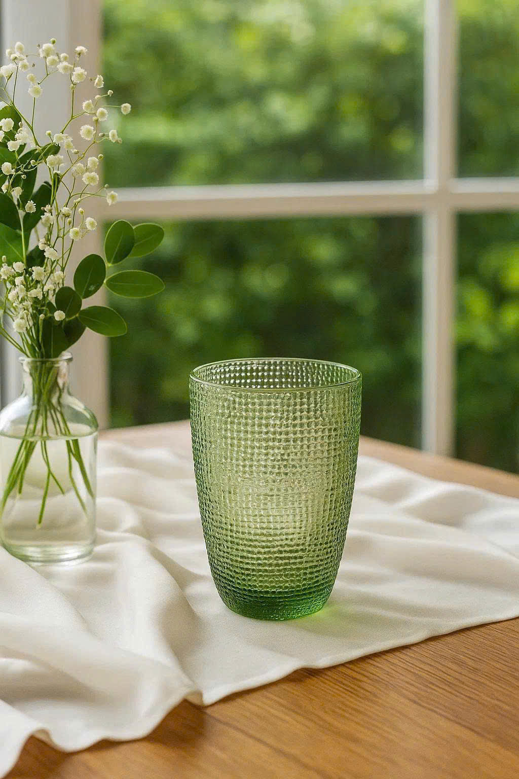 EMBOSSED MESH GLASS TUMBLER SET(420ML) – GREEN