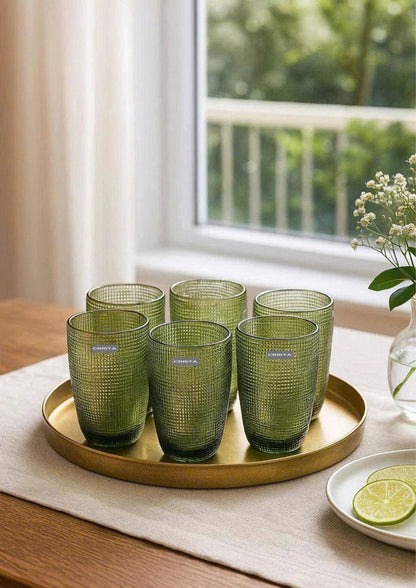 EMBOSSED MESH GLASS TUMBLER SET(420ML) – GREEN