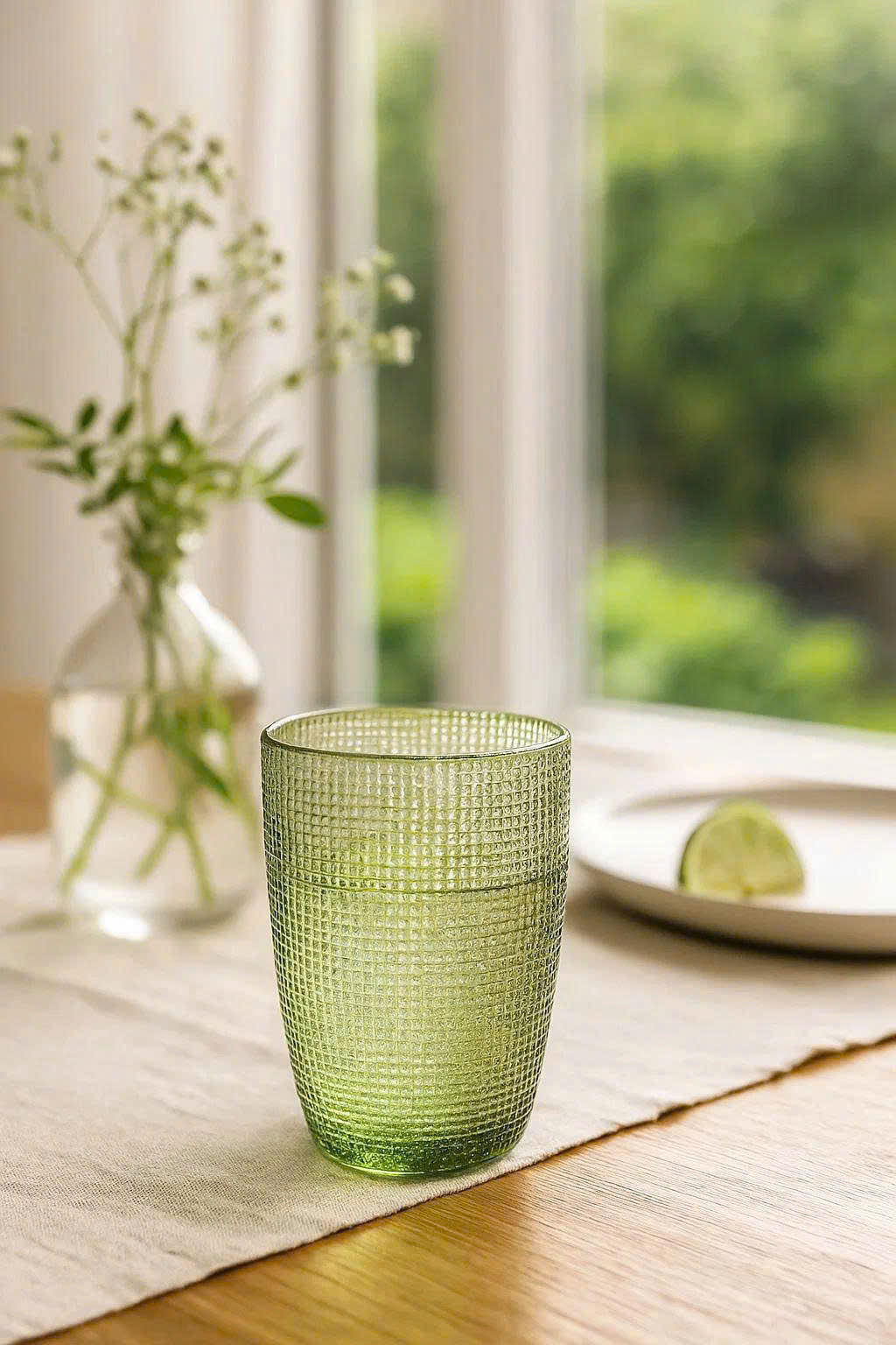 EMBOSSED MESH GLASS TUMBLER SET(420ML) – GREEN