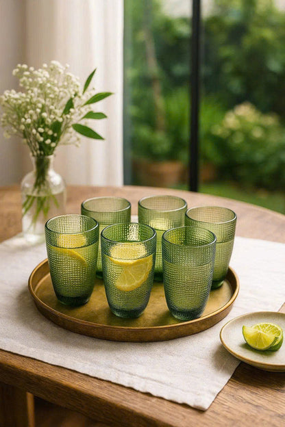 EMBOSSED MESH GLASS TUMBLER SET(420ML) – GREEN