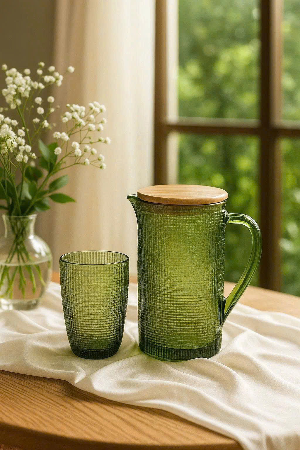 EMBOSSED MESH GLASS TUMBLER SET(420ML) – GREEN