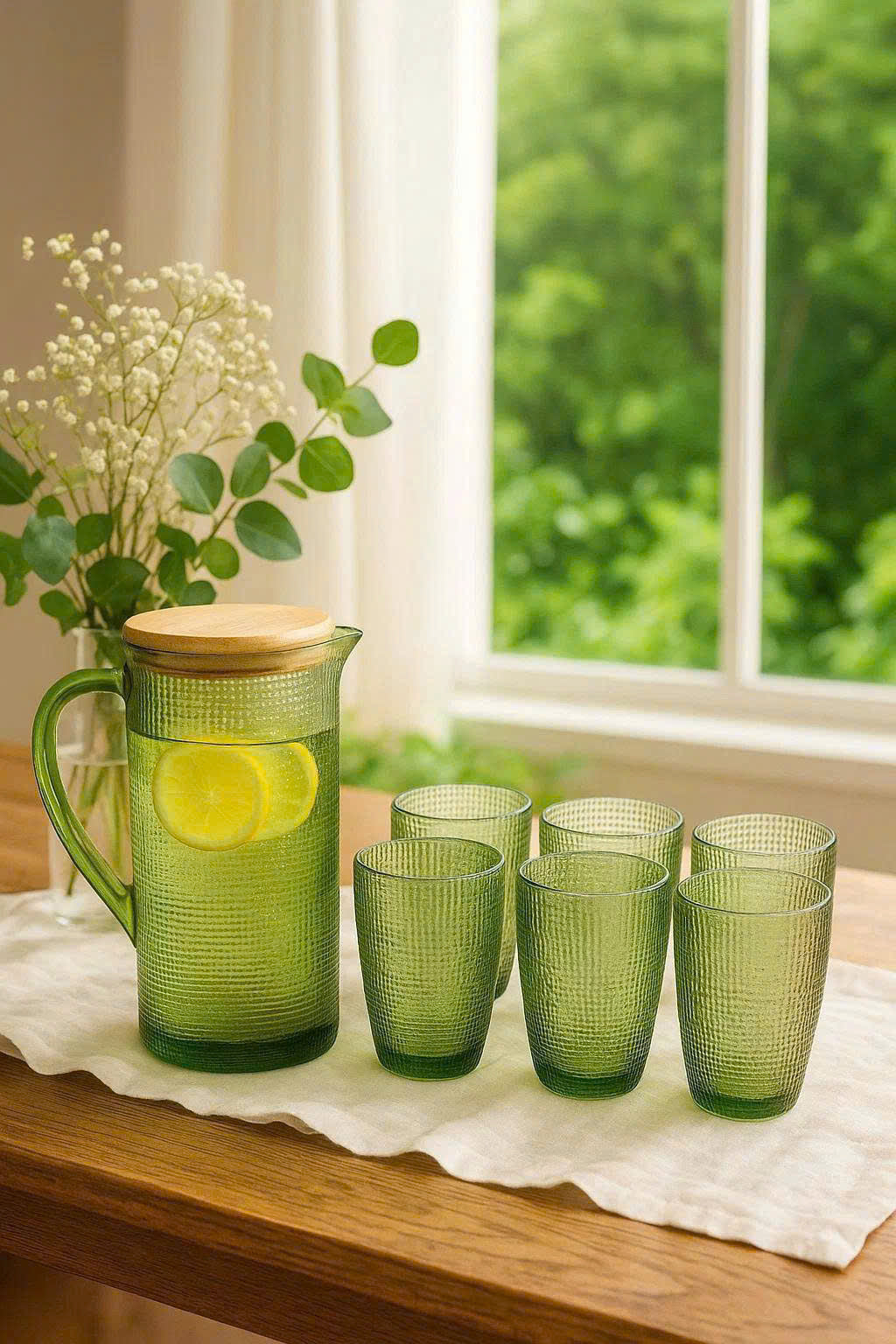 EMBOSSED MESH GLASS TUMBLER SET(420ML) – GREEN