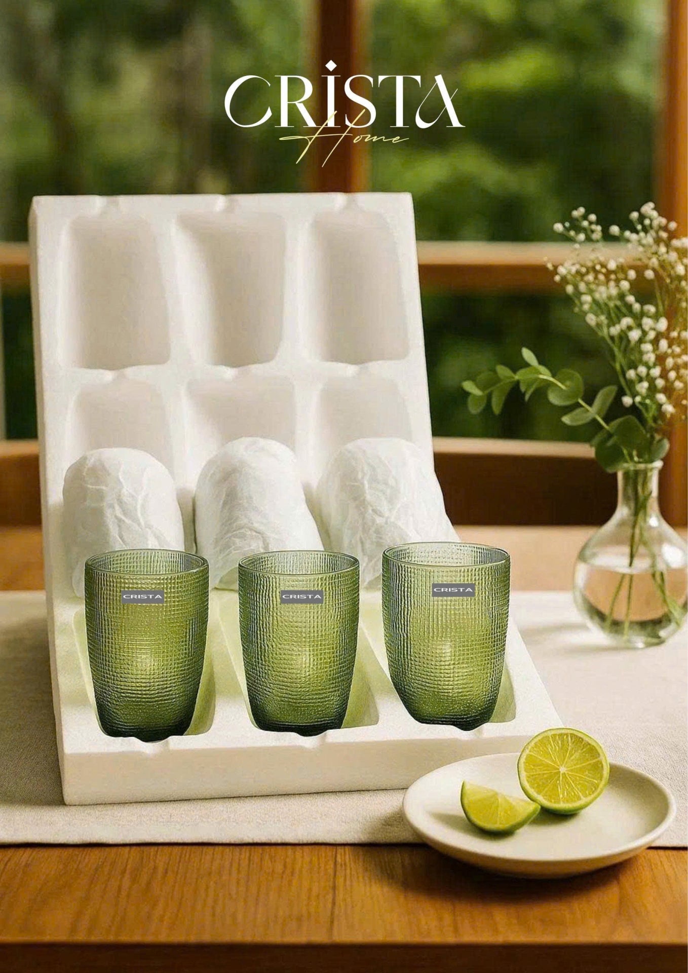 EMBOSSED MESH GLASS TUMBLER SET(420ML) – GREEN