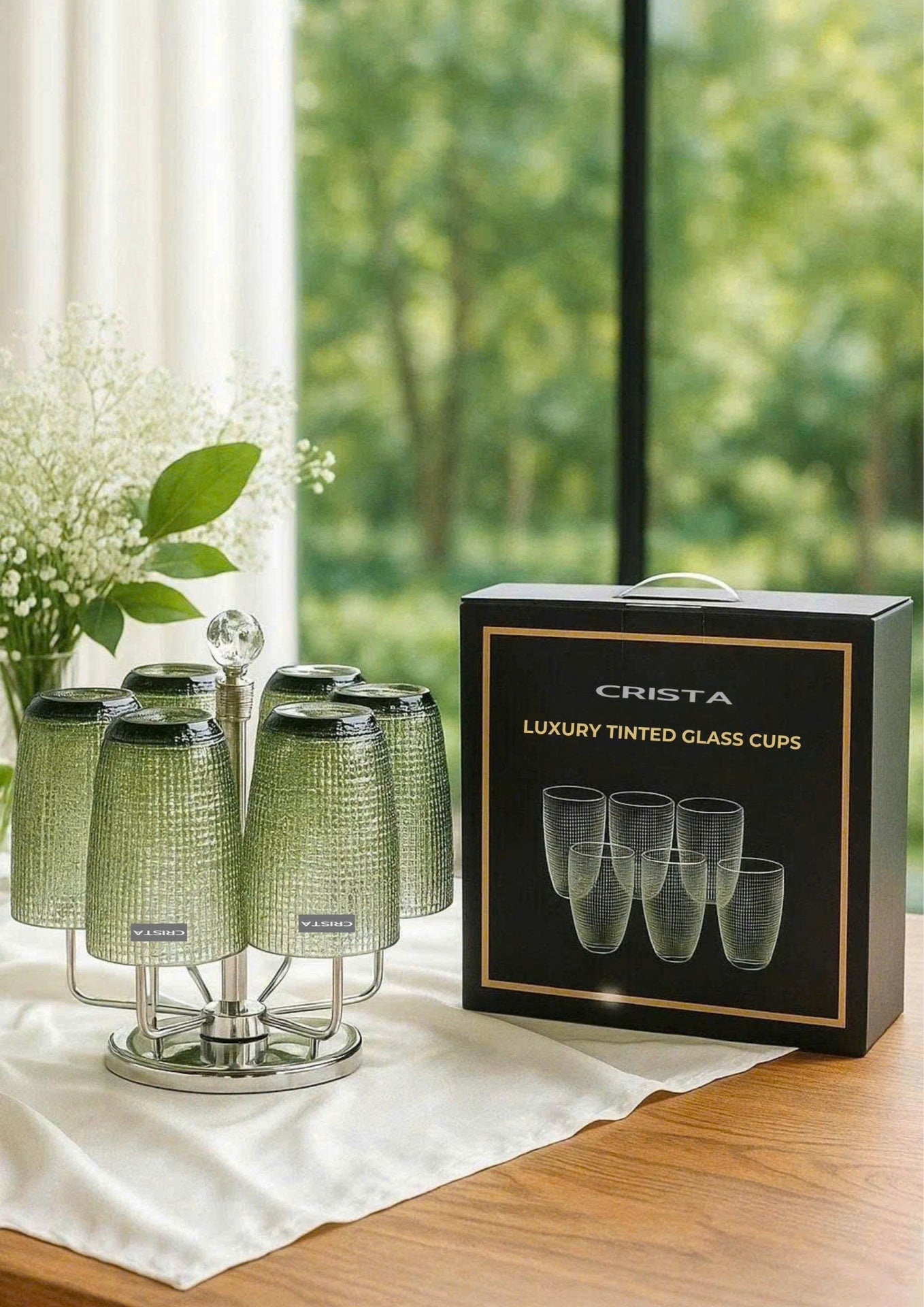 EMBOSSED MESH GLASS TUMBLER SET(420ML) – GREEN