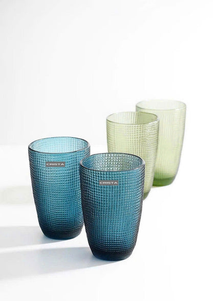 EMBOSSED MESH GLASS TUMBLER SET(420ML) – MULTICOLOR