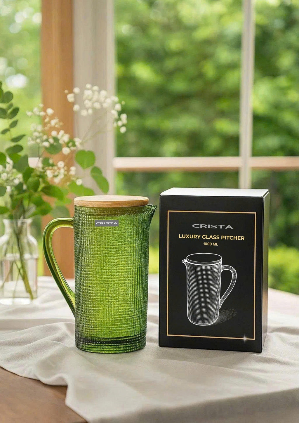 EMBOSSED GRID GLASS PITCHER 1L – GREEN