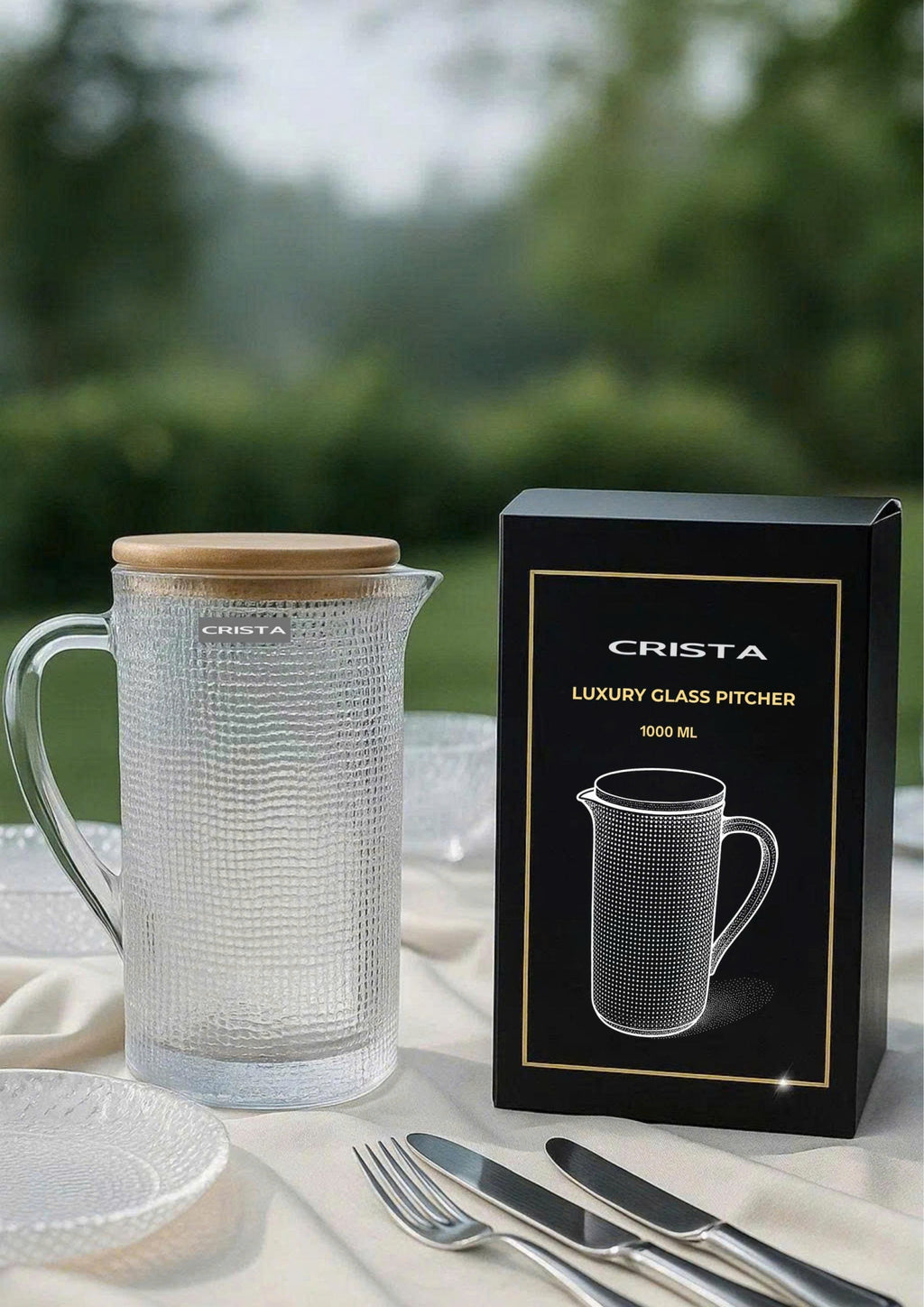 EMBOSSED GRID GLASS PITCHER 1L – CLEAR WHITE