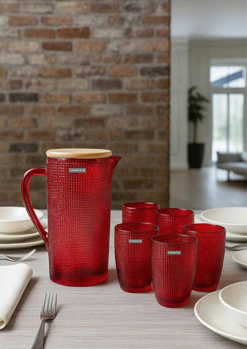 EMBOSSED GRID GLASS PITCHER 1L – RED