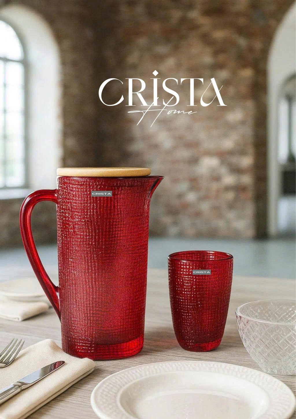 EMBOSSED GRID GLASS PITCHER 1L – RED