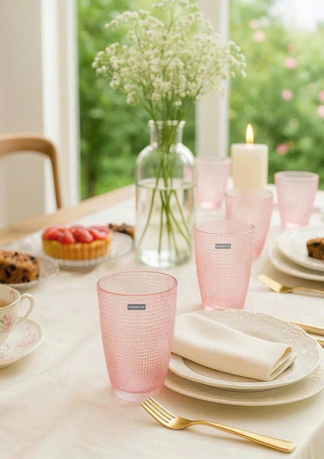 EMBOSSED MESH-PATTERN GLASS TUMBLER SET(420ML) – BLUSH PINK