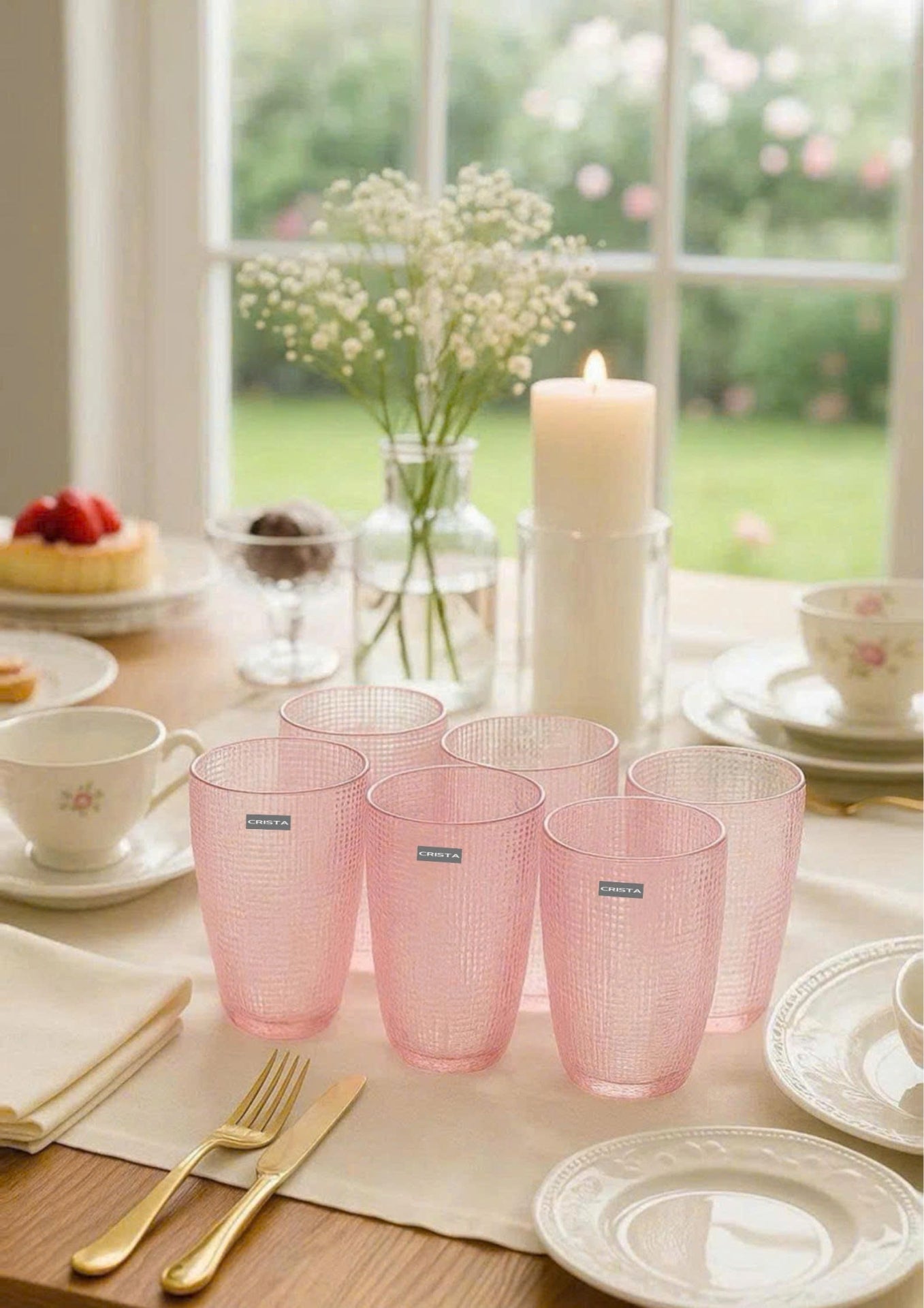 EMBOSSED MESH-PATTERN GLASS TUMBLER SET(420ML) – BLUSH PINK