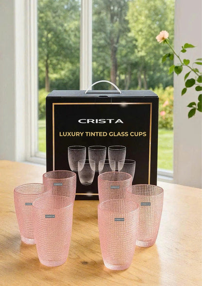 EMBOSSED MESH-PATTERN GLASS TUMBLER SET(420ML) – BLUSH PINK