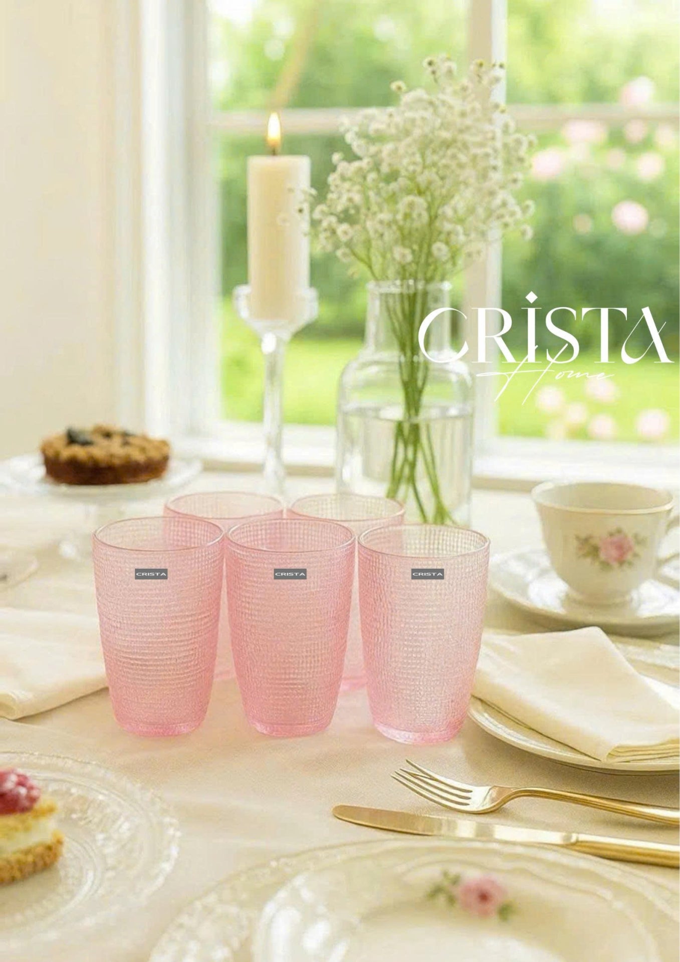 EMBOSSED MESH-PATTERN GLASS TUMBLER SET(420ML) – BLUSH PINK