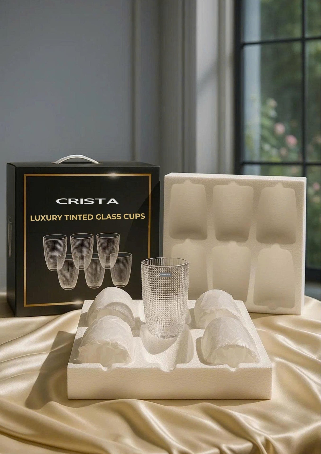 EMBOSSED MESH GLASS TUMBLER SET(420ML) – WHITE