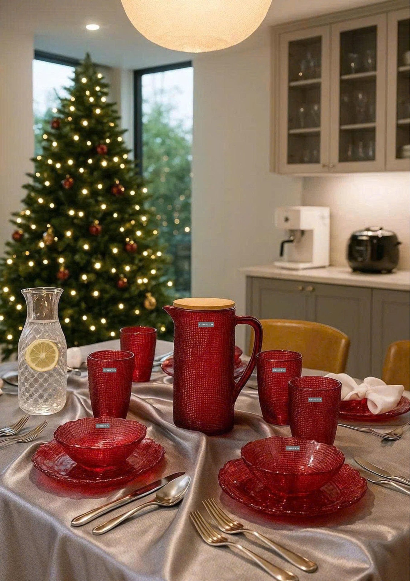 SET OF 6 EMBOSSED MESH-PATTERN GLASS PIECES – RED