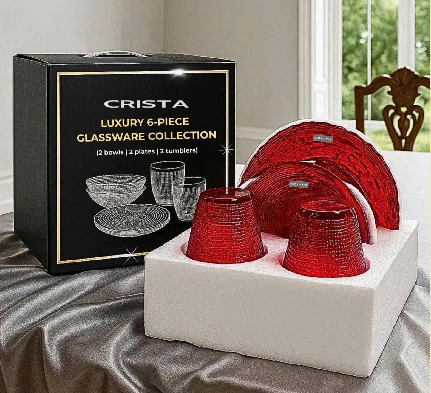 SET OF 6 EMBOSSED MESH-PATTERN GLASS PIECES – RED