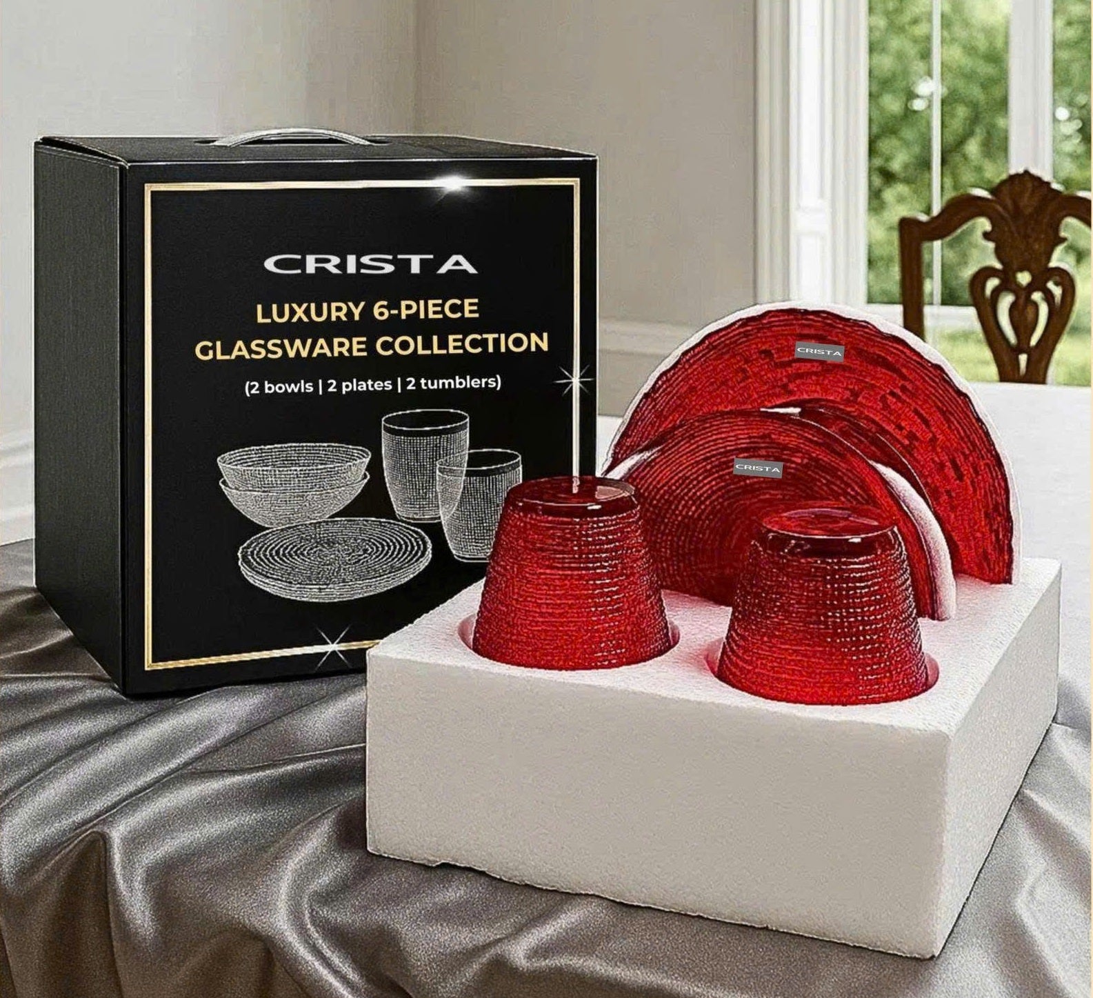 SET OF 6 EMBOSSED MESH-PATTERN GLASS PIECES – RED