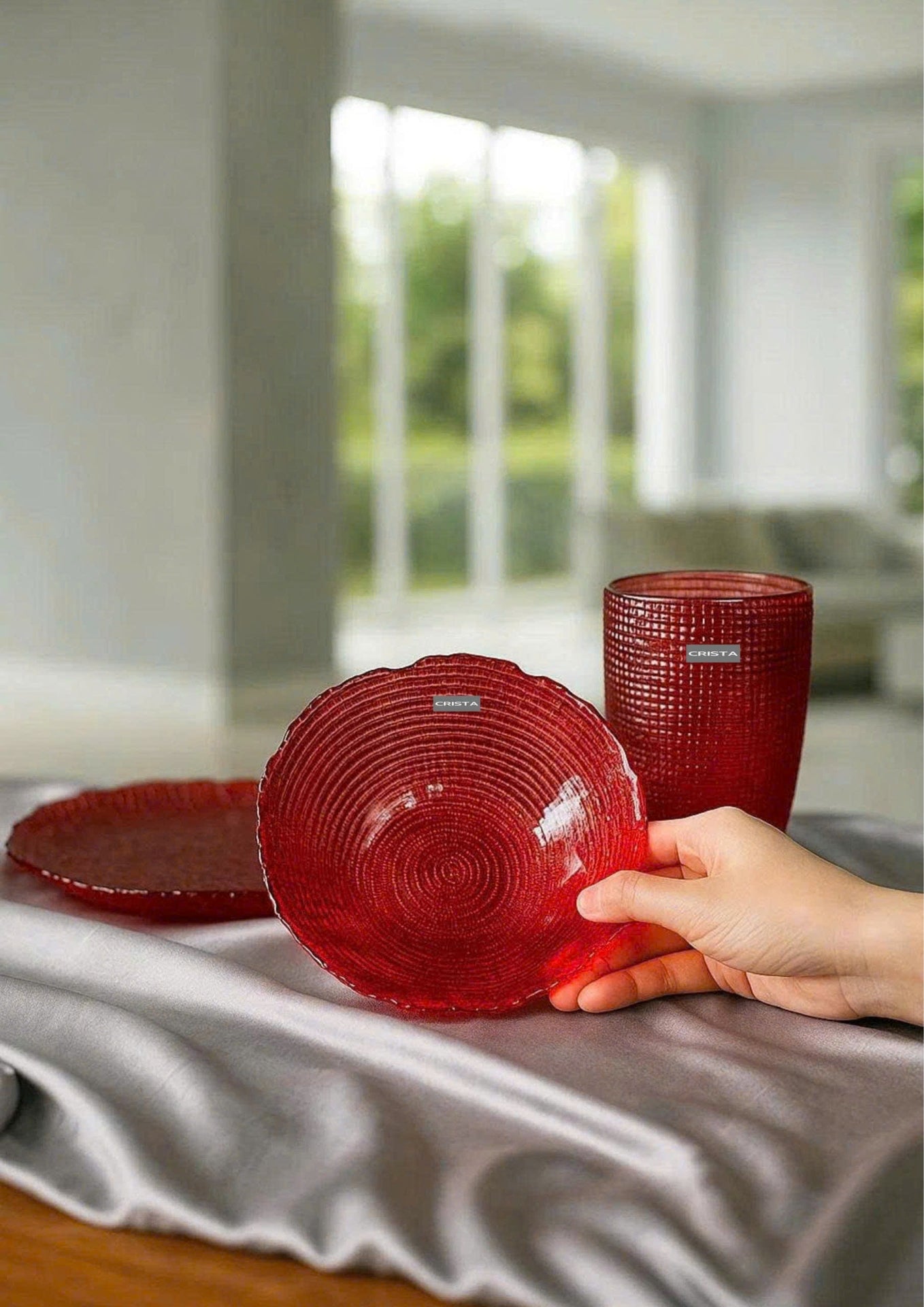 SET OF 6 EMBOSSED MESH-PATTERN GLASS PIECES – RED