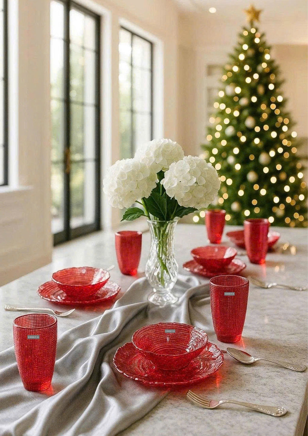 SET OF 6 EMBOSSED MESH-PATTERN GLASS PIECES – RED