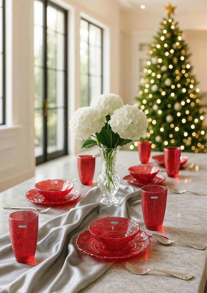 SET OF 6 EMBOSSED MESH-PATTERN GLASS PIECES – RED