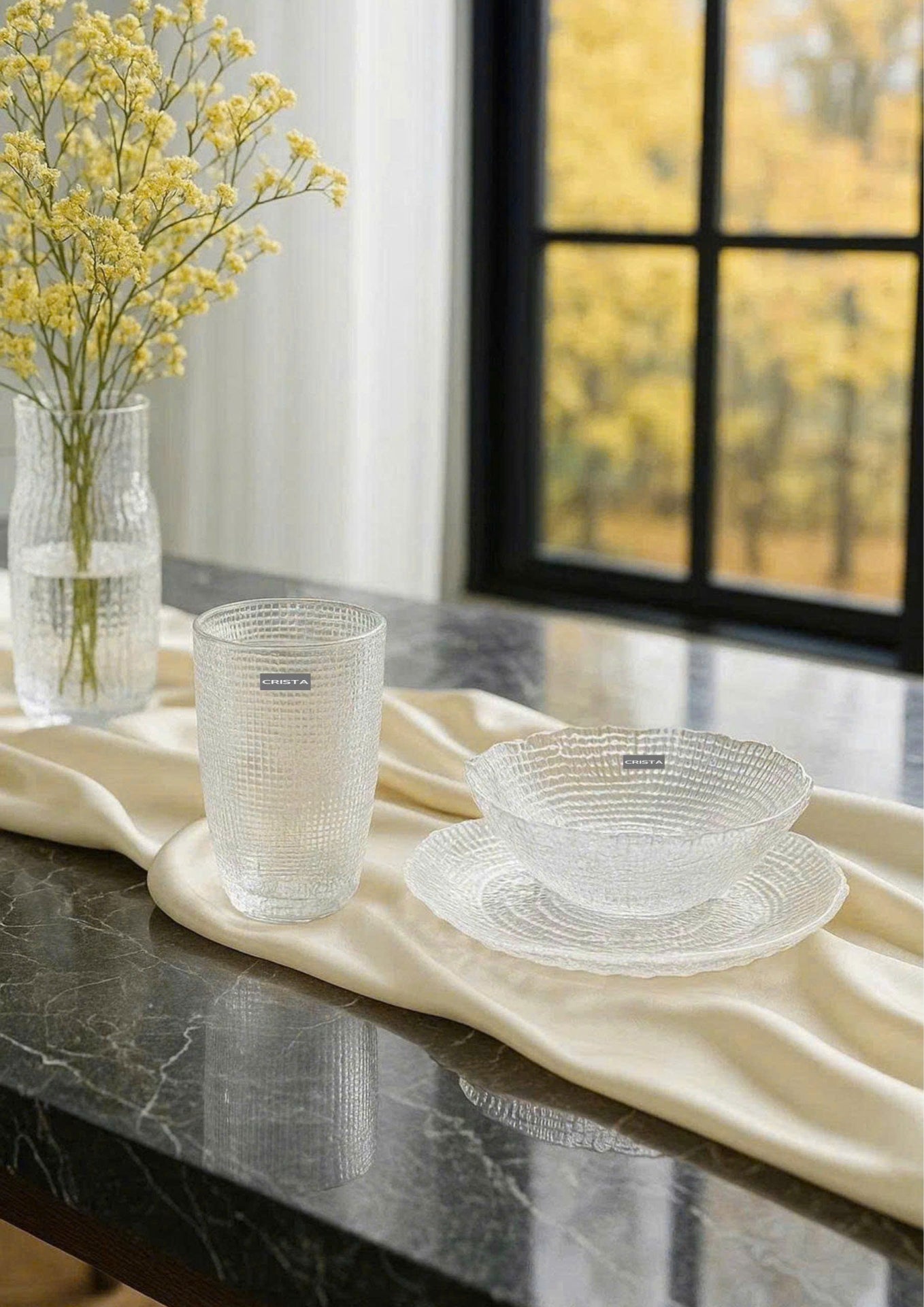 SET OF 6 EMBOSSED MESH-PATTERN GLASSWARE PIECES - WHITE