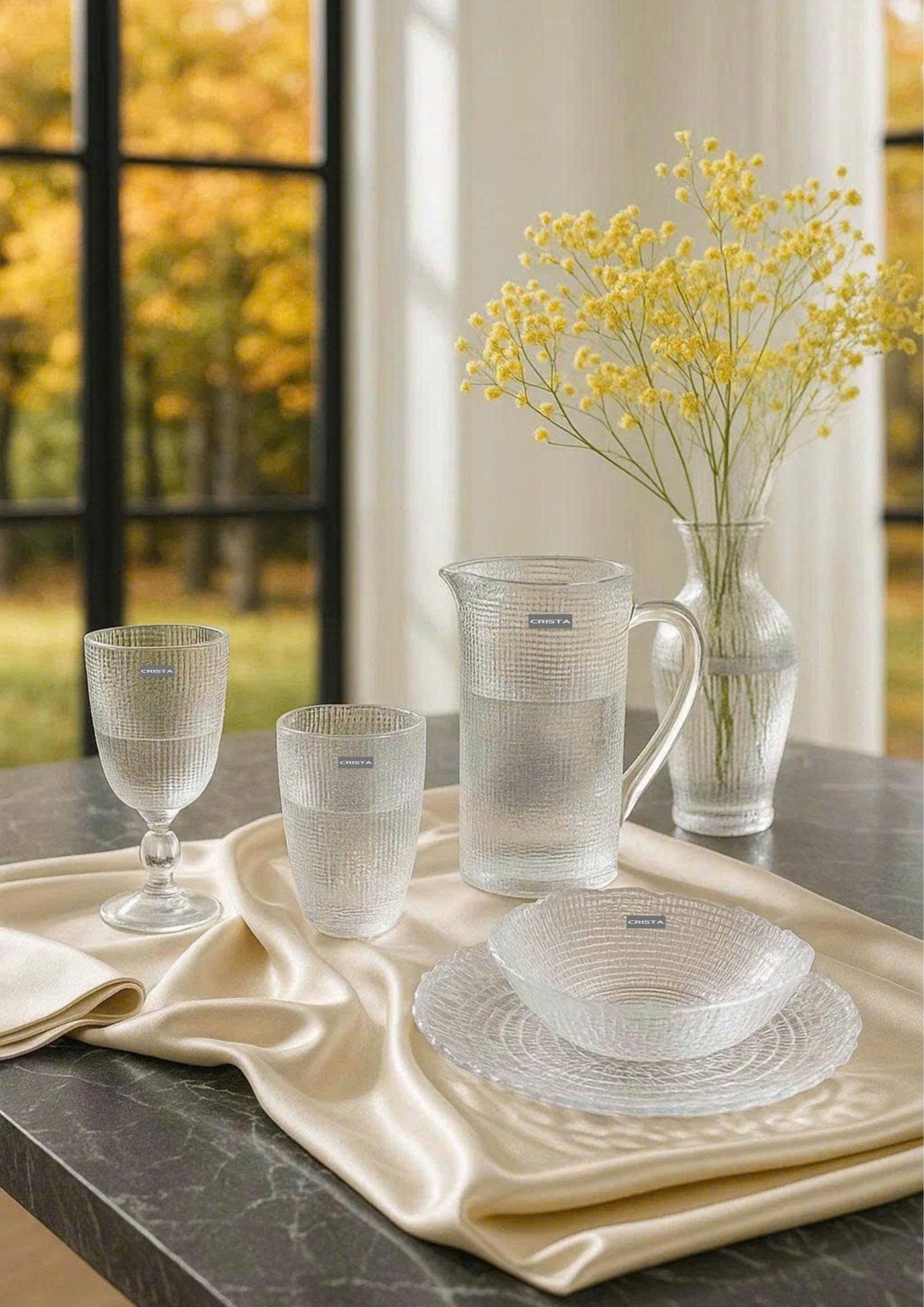 SET OF 6 EMBOSSED MESH-PATTERN GLASSWARE PIECES - WHITE