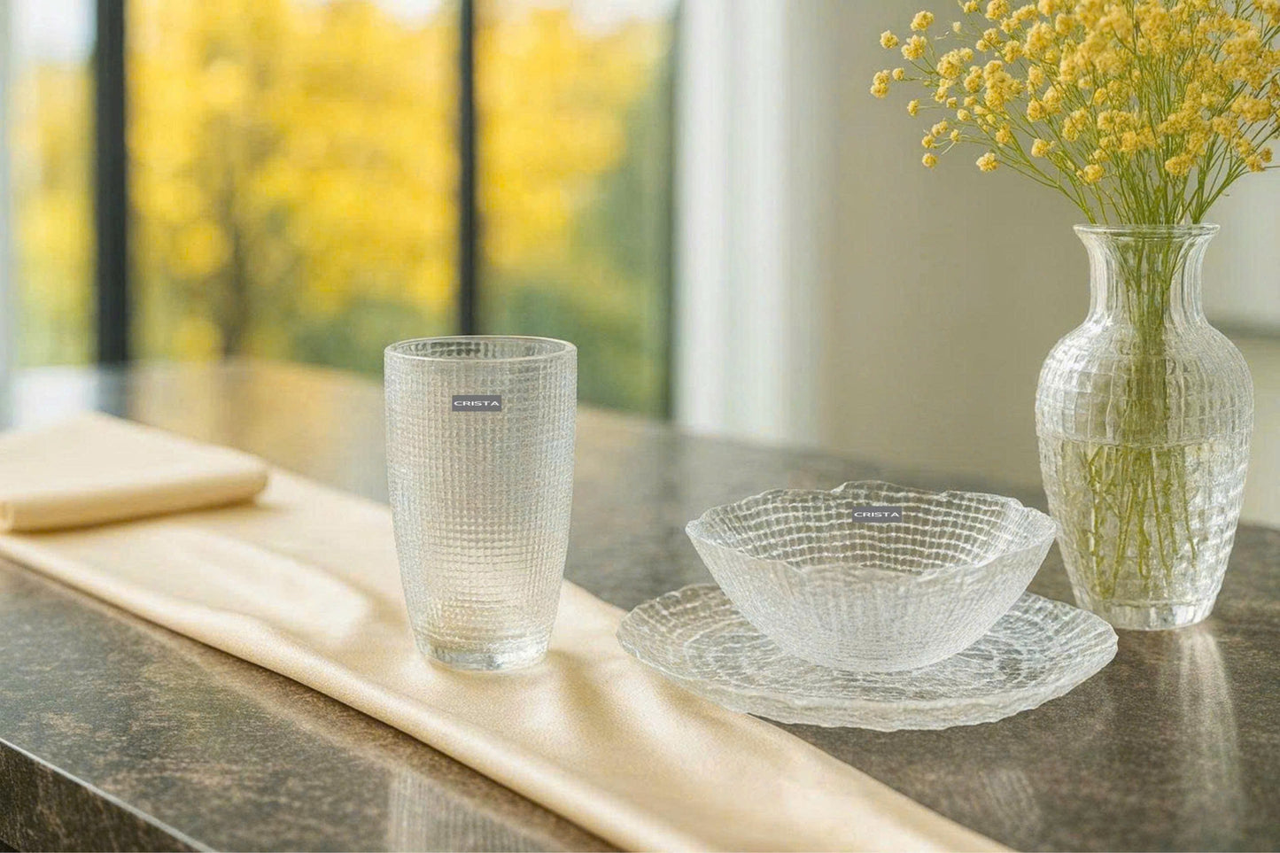 SET OF 6 EMBOSSED MESH-PATTERN GLASSWARE PIECES - WHITE