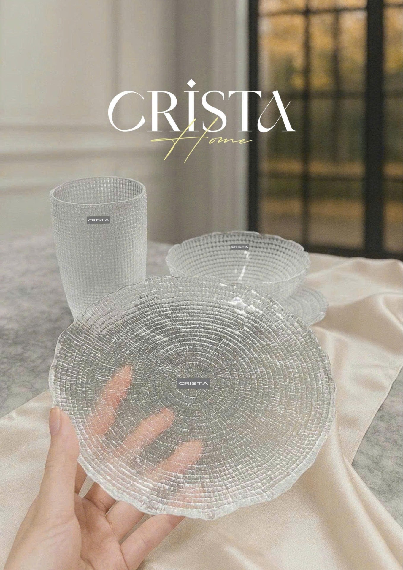 SET OF 6 EMBOSSED MESH-PATTERN GLASSWARE PIECES - WHITE