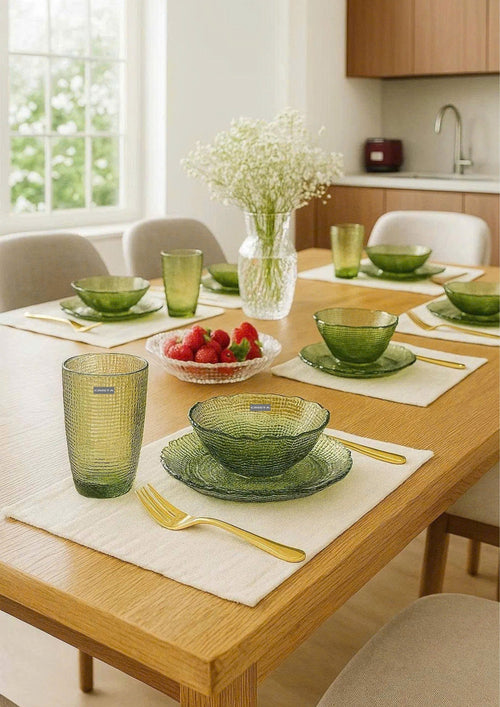 SET OF 6 EMBOSSED MESH-PATTERN GLASSWARE – GREEN