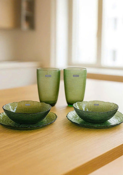 SET OF 6 EMBOSSED MESH-PATTERN GLASSWARE – GREEN