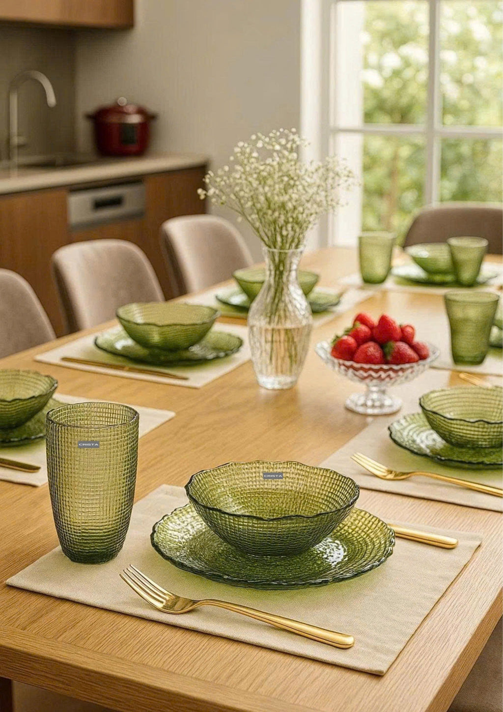 SET OF 6 EMBOSSED MESH-PATTERN GLASSWARE – GREEN