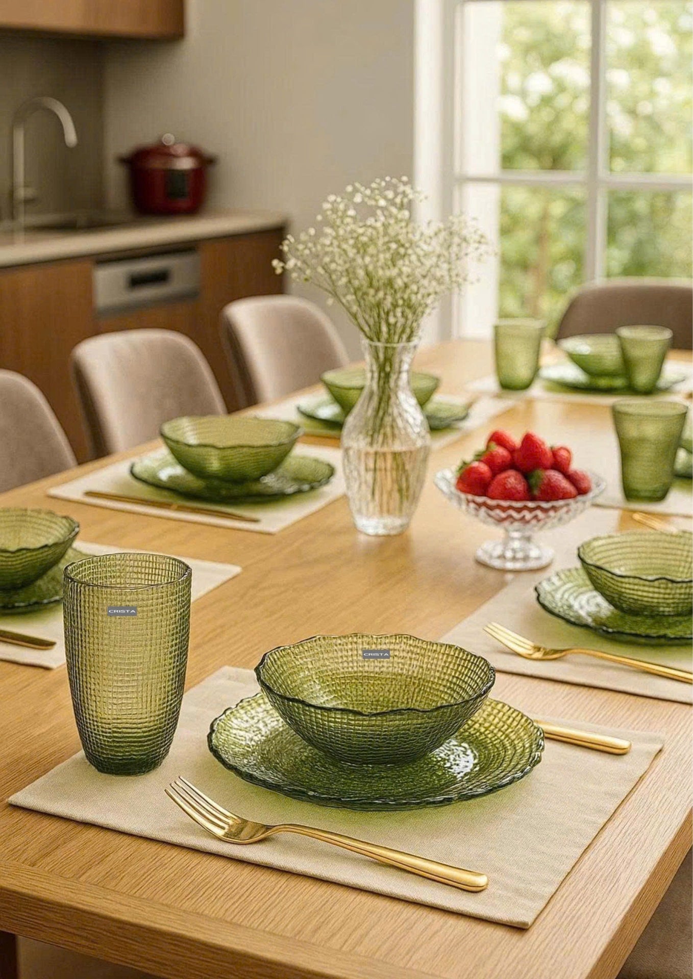SET OF 6 EMBOSSED MESH-PATTERN GLASSWARE – GREEN
