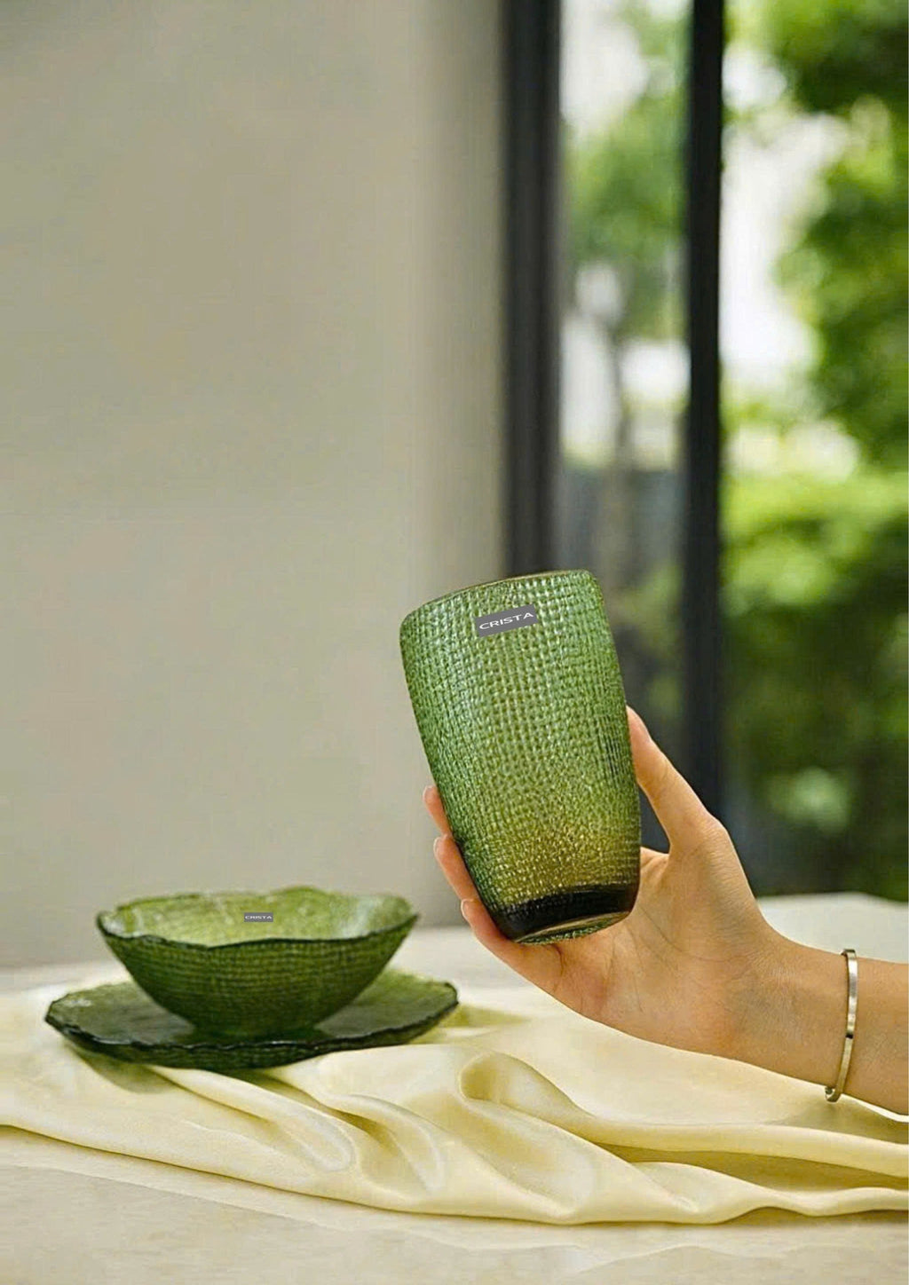 SET OF 6 EMBOSSED MESH-PATTERN GLASSWARE – GREEN