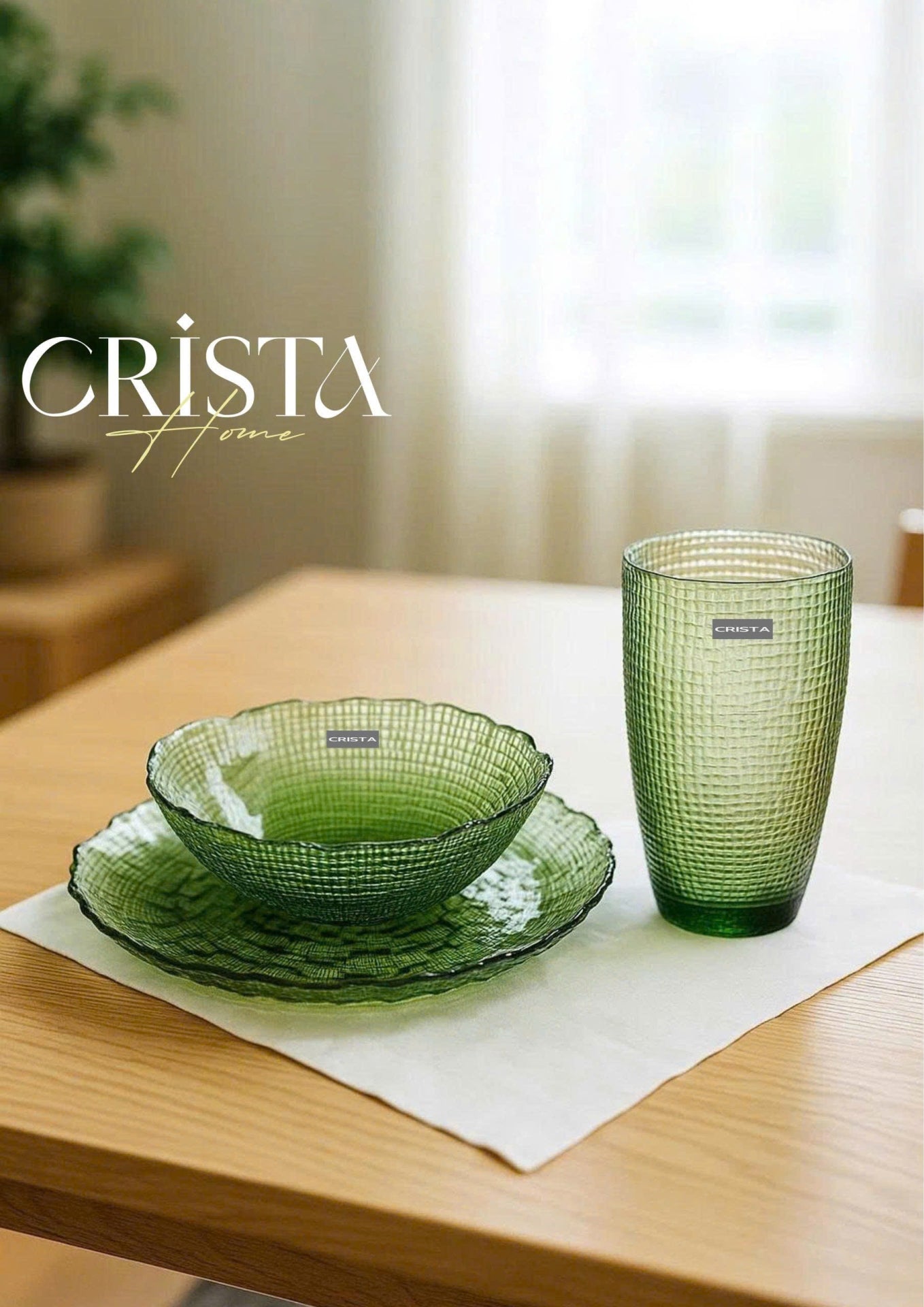 SET OF 6 EMBOSSED MESH-PATTERN GLASSWARE – GREEN