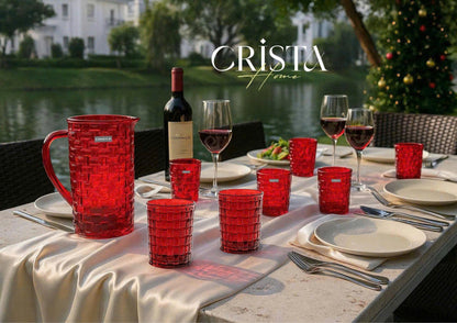 SET OF 6 CHECKERED GLASS TUMBLERS – RUBY RED