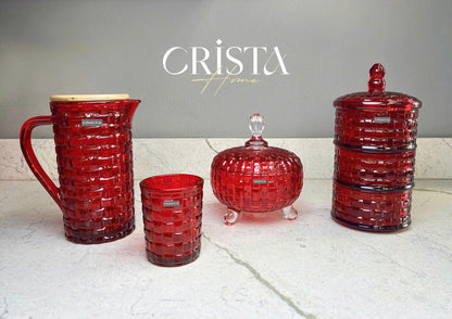 SET OF 6 CHECKERED GLASS TUMBLERS – RUBY RED