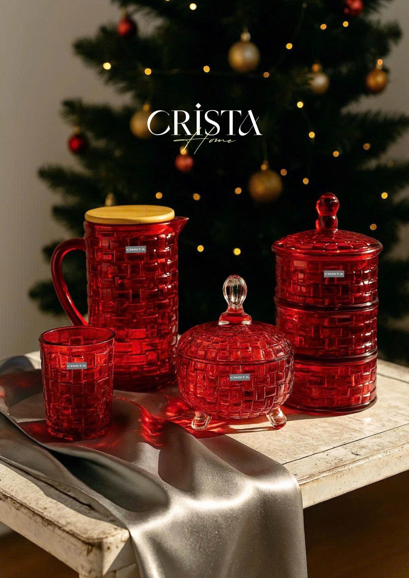 SET OF 6 CHECKERED GLASS TUMBLERS – RUBY RED