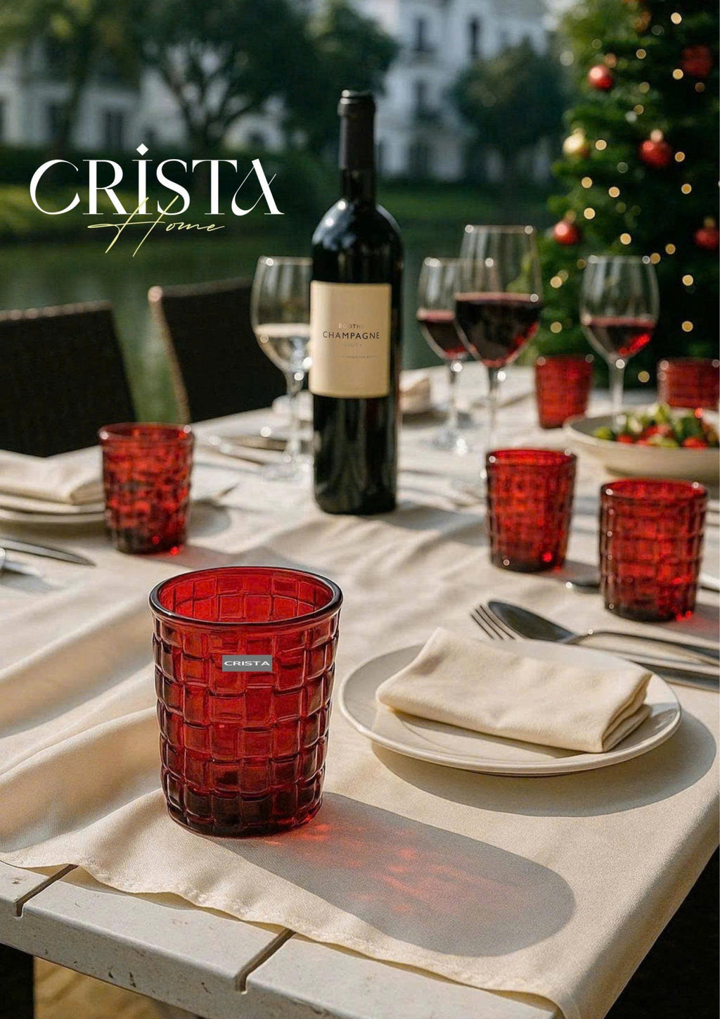 SET OF 6 CHECKERED GLASS TUMBLERS – RUBY RED